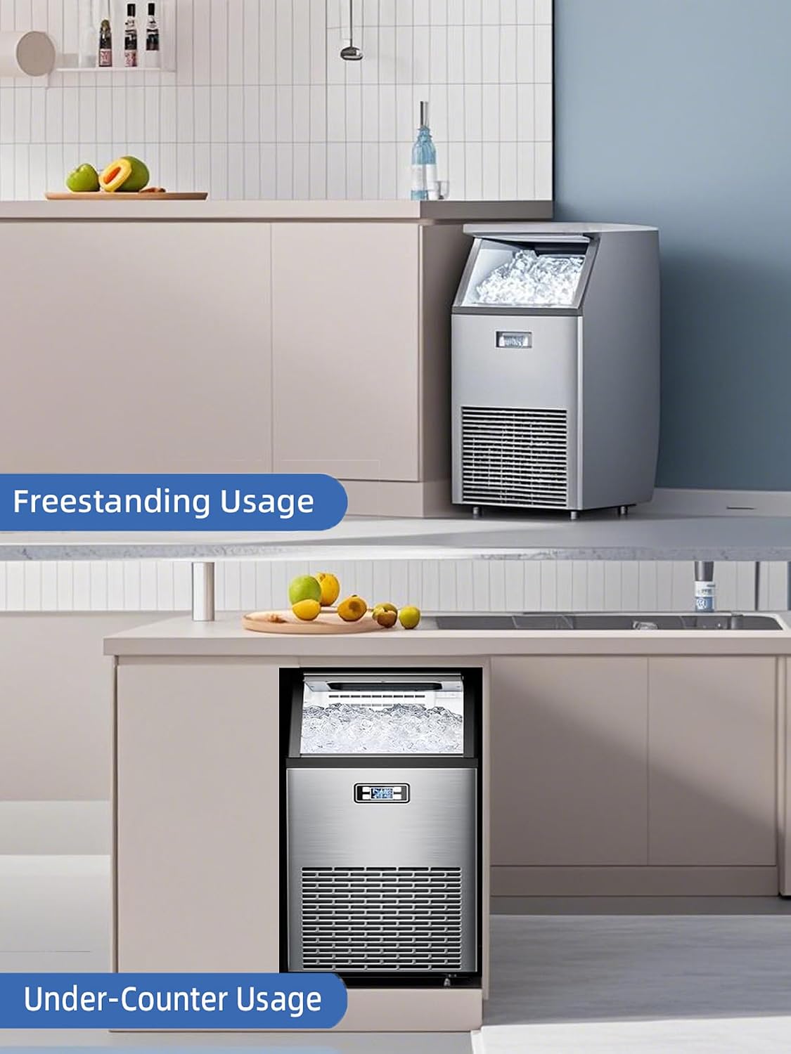 Commercial Ice Maker Machine 100Lbs/24H, Stainless Steel Undercounter Ice Maker with 33Lbs Storage Capacity, Self-Cleaning Freestanding Ice Machine for Home, Bar, Restaurant, Office, Outdoor