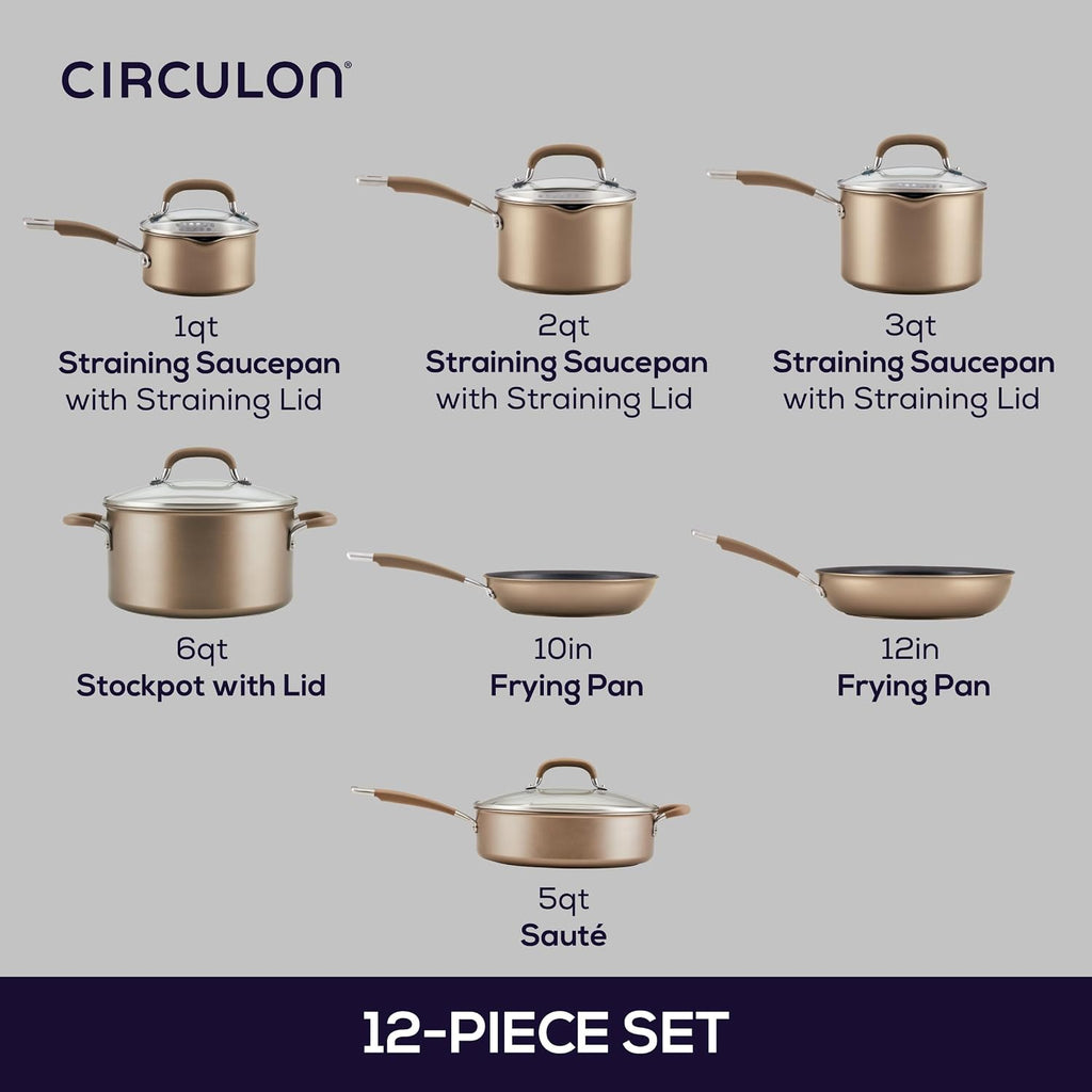 Premier Professional Hard Anodized Nonstick Cookware Induction Pots and Pans Set Nonstick, Home Essentials, 12-Piece, Bronze