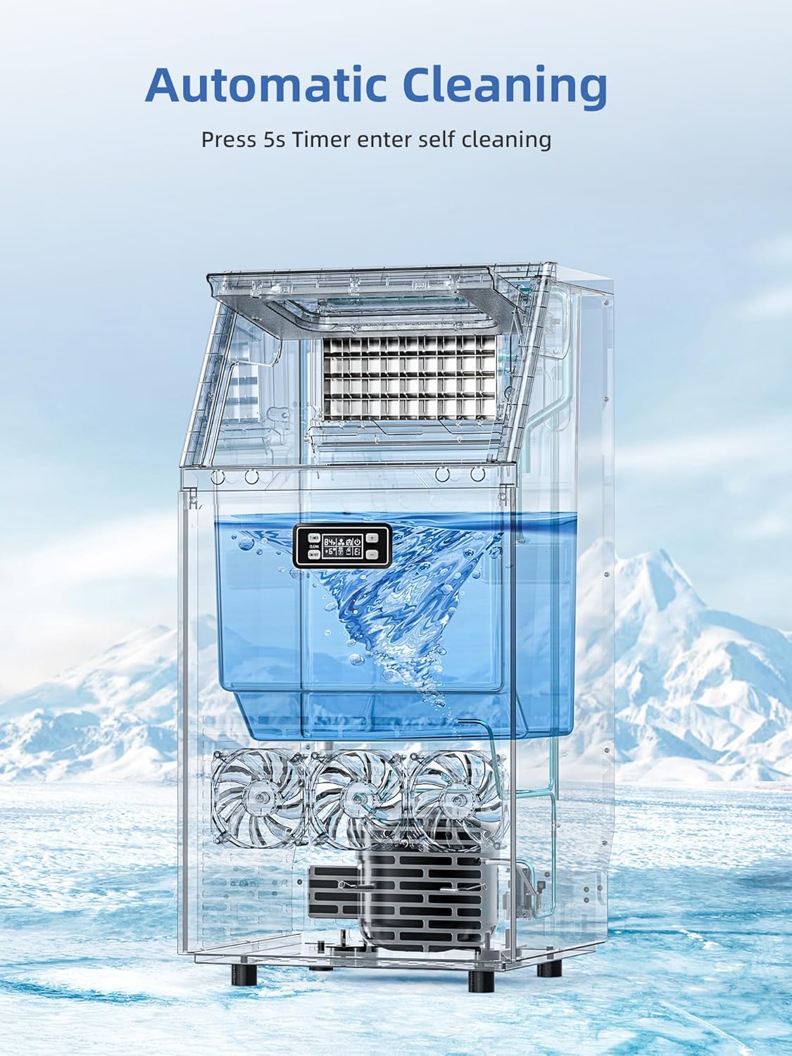 Commercial Ice Maker Machine 100Lbs/24H, Stainless Steel Undercounter Ice Maker with 33Lbs Storage Capacity, Self-Cleaning Freestanding Ice Machine for Home, Bar, Restaurant, Office, Outdoor