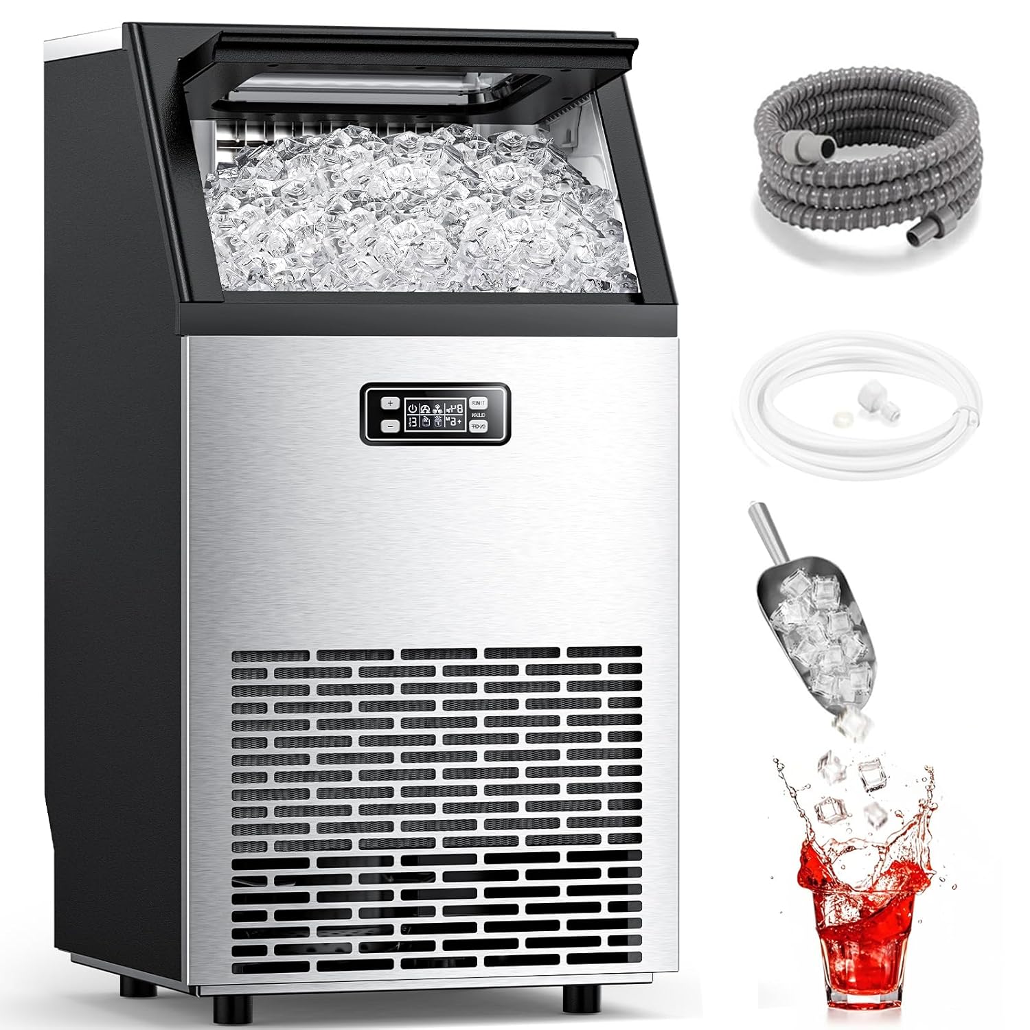 Commercial Ice Maker Machine 100Lbs/24H, Stainless Steel Undercounter Ice Maker with 33Lbs Storage Capacity, Self-Cleaning Freestanding Ice Machine for Home, Bar, Restaurant, Office, Outdoor